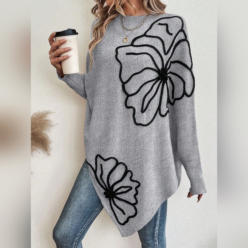 Floral Pattern Batwing Sleeve Asymmetrical Hem Sweater - Picture 6 of 6